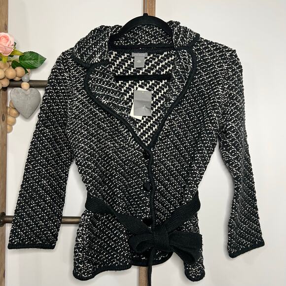 Ann Taylor NWT Black Ivory Wool Blend Tweed Blazer with Belt Tie Size‎ X Small - Picture 2 of 7